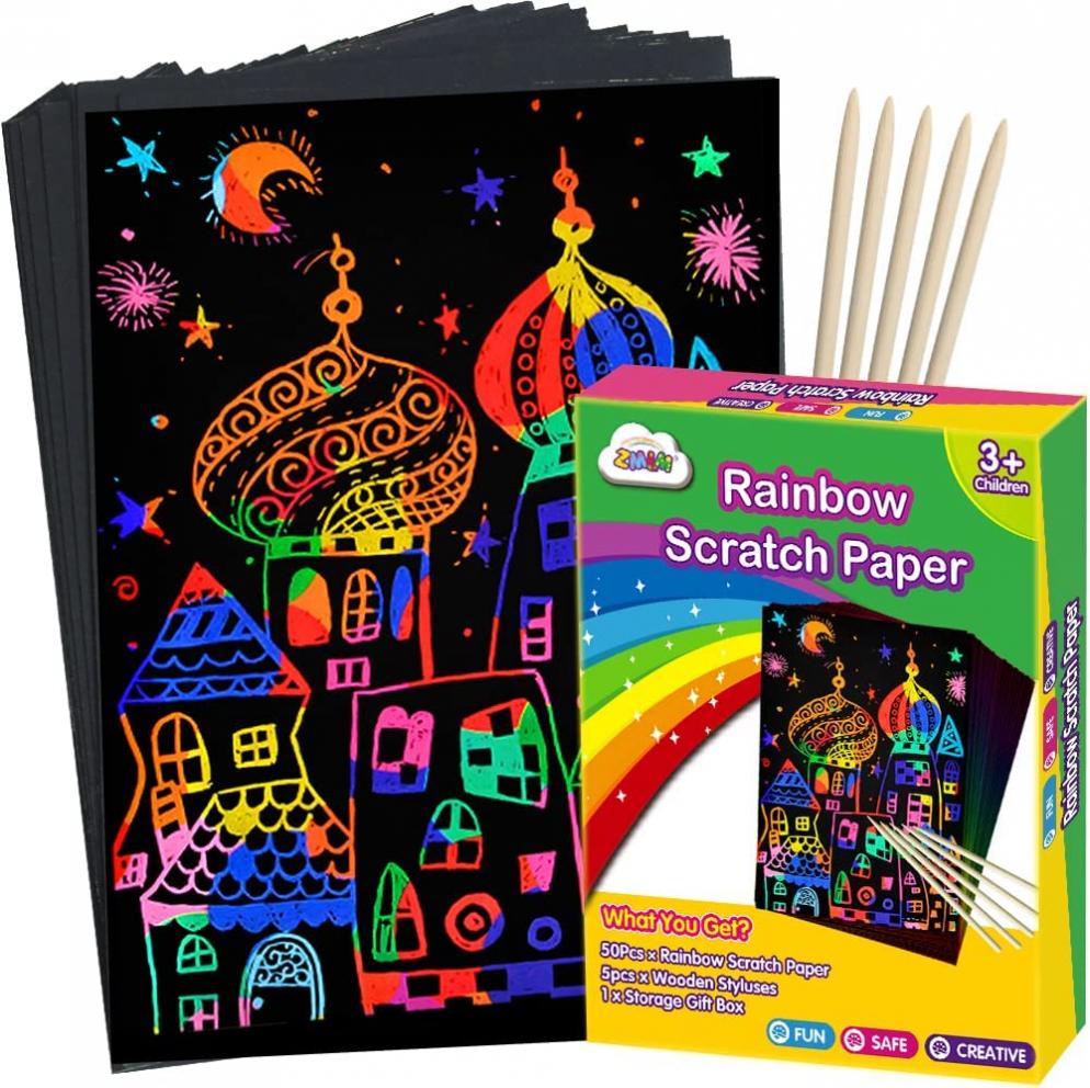 ZMLM Scratch Paper Art Set, Rainbow Magic Scratch Paper for Kids Black Scratch it Off Art Crafts Kits Notes Boards Sheet with 5 Wooden Stylus for Girl Boy Halloween Party Game Christmas Birthday Gift