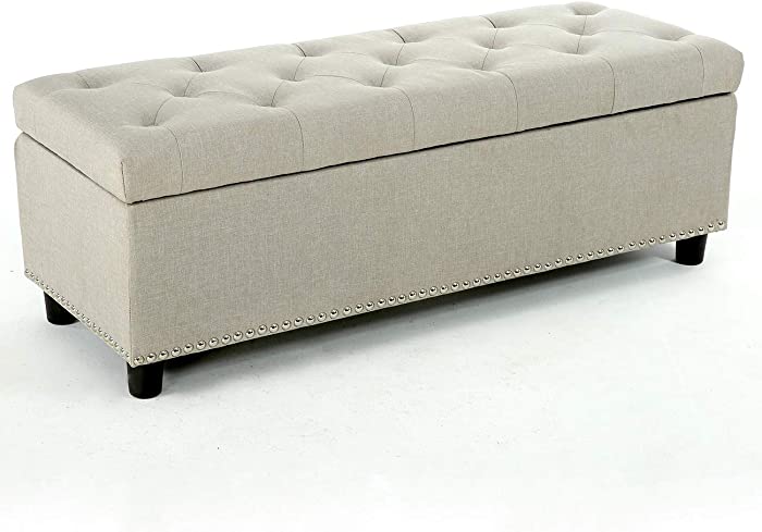 BELLEZE Modern 47 Inch Luxury Button Tufted Ottoman Bench Footrest Upholstered Linen Fabric Decor for Living Room, Entryway, or Bedroom with Storage - Brentwood (Natural)