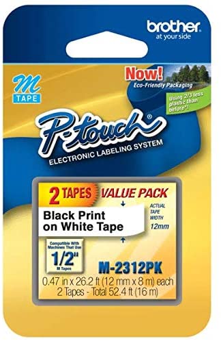 Brother Genuine P-touch M-2312PK Tape, 2 Pack, 1/2" (0.47") Wide Standard Non-Laminated Tape, Black on White, Recommended for Home and Indoor Use, 0.47" x 26.2' (12mm x 8M), 2-Pack, M2312PK, M231