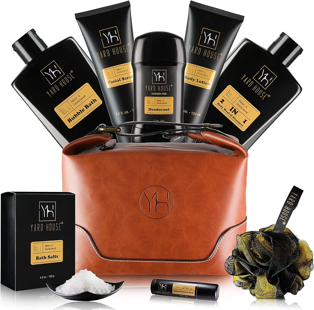 YARD HOUSE Bath and Body Gift Set for Men - Sandalwood Amber - Birthday, Christmas, Fathers Day Gifts From Wife Daughter Son for Husband, Dad - Relax Spa Kit w. Full Size Items in Deluxe Toiletry Bag