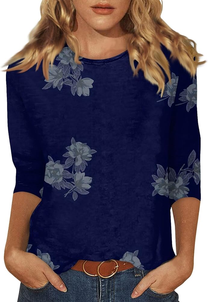 Womens Tops 2024 Summer 3/4 Sleeve Crewneck Cute Shirts Casual Trendy Print Blouses Length T Shirt