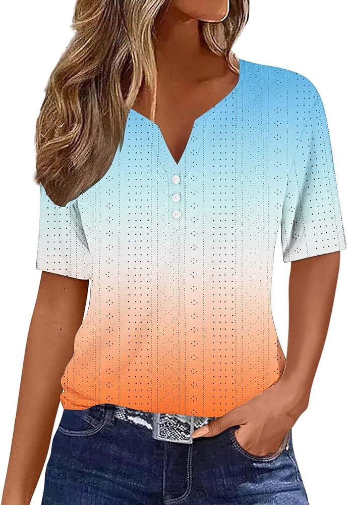 Women Gradient Print Blouses Shirt Dressy Causal Eyelet Tops V Neck Henley T Shirts Trendy 2024 Summer Clothes