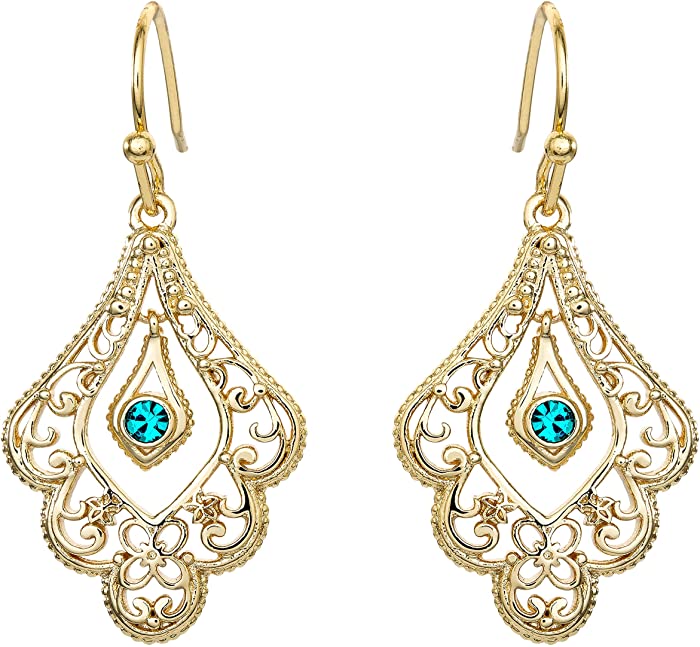 Disney Aladdin Princess Jasmine Gold Plated Crystal Filigree Dangle Earrings