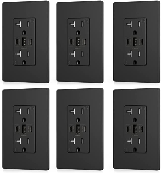 ELEGRP 30W 6.0 Amp 3-Port USB Wall Outlet, 20 Amp Receptacle with Dual USB Type C Type A Ports, USB Charger for iPhone, iPad, Samsung and Android Devices, UL Listed, with Wall Plate, 6 Pack, Black