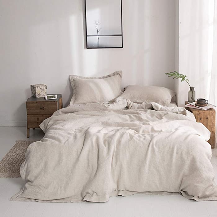 Simple&Opulence 100% Linen Duvet Cover Set with Embroidery Washed - 3 Pieces (1 Duvet Cover with 2 Pillow Shams) with Button Closure Soft Breathable Farmhouse - Linen, California King Size