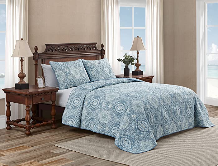 Tommy Bahama Home Turtle Cove Collection Quilt Set-100% Cotton, Reversible Bedding with Matching Sham(s), Pre-Washed for Added Softness, King, Caribbean Blue