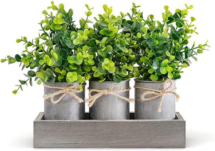 Dahey Decorative Galvanized Metal Pots Centerpiece Decor Wood Tray with Artificial Eucalyptus, 3 Buckets Rustic Farmhouse Home Decor for Coffee Table Dining Room Living Room Kitchen Bath, Grey