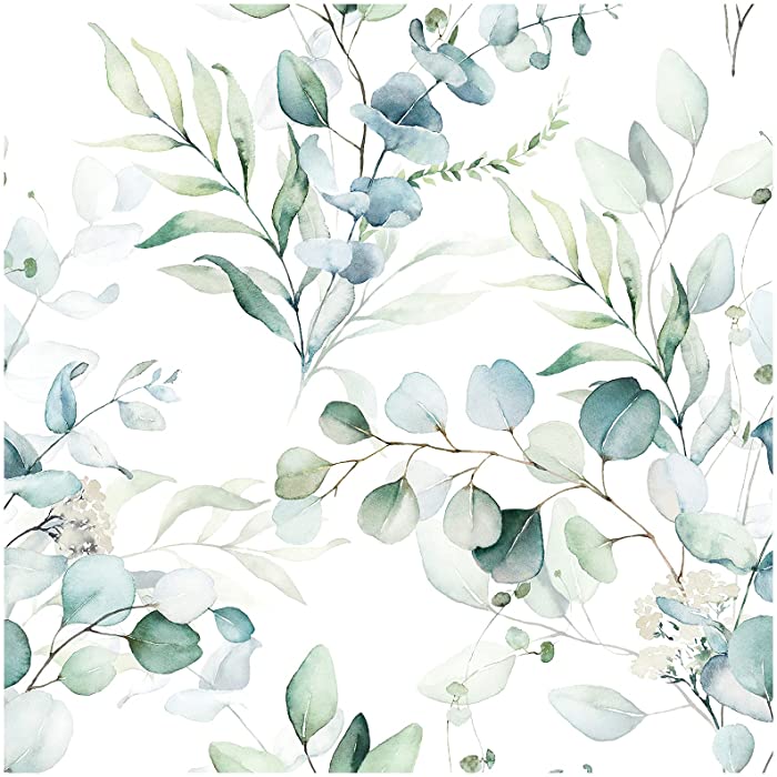 HaokHome 93042 Peel and Stick Wallpaper Green/White Eucalyptus Leaf Floral Wall Mural Home Nursery Boho Decor 17.7in x 32.8ft