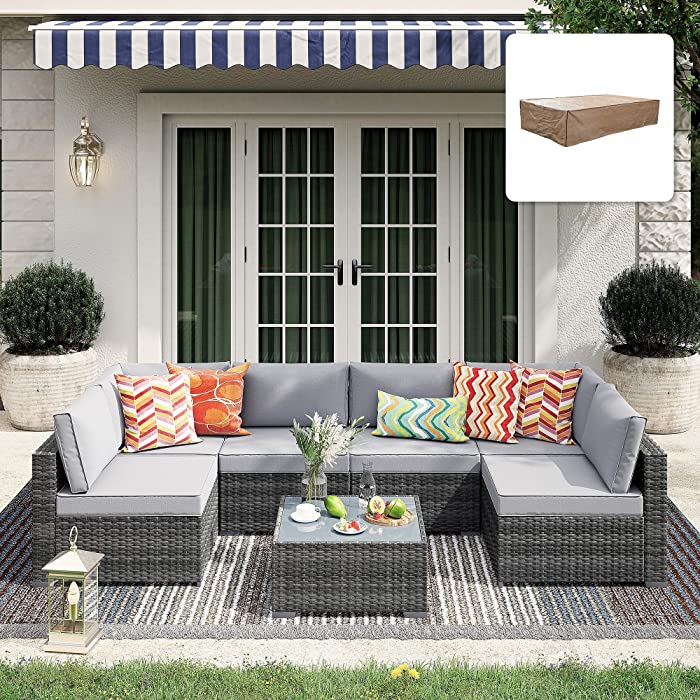 Patiorama 7 Pieces Outdoor Patio Furniture Set, All Weather Grey PE Wicker Rattan Sectional Conversation Set, Porch Garden W/Built-in Glass Table, Seat Clips, Light Grey Cushions