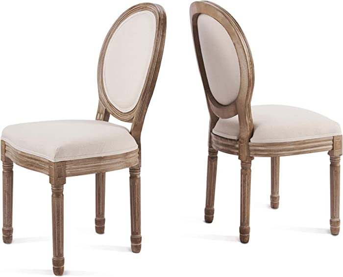 VONLUCE Vintage French Accent Chairs Set of 2, Upholstered Fabric Farmhouse Dining Chairs for Living Room Bedroom Kitchen, 2pc Vanity Chairs with Round Backs and Rubberwood Legs, Comfy Louis XVI Decor