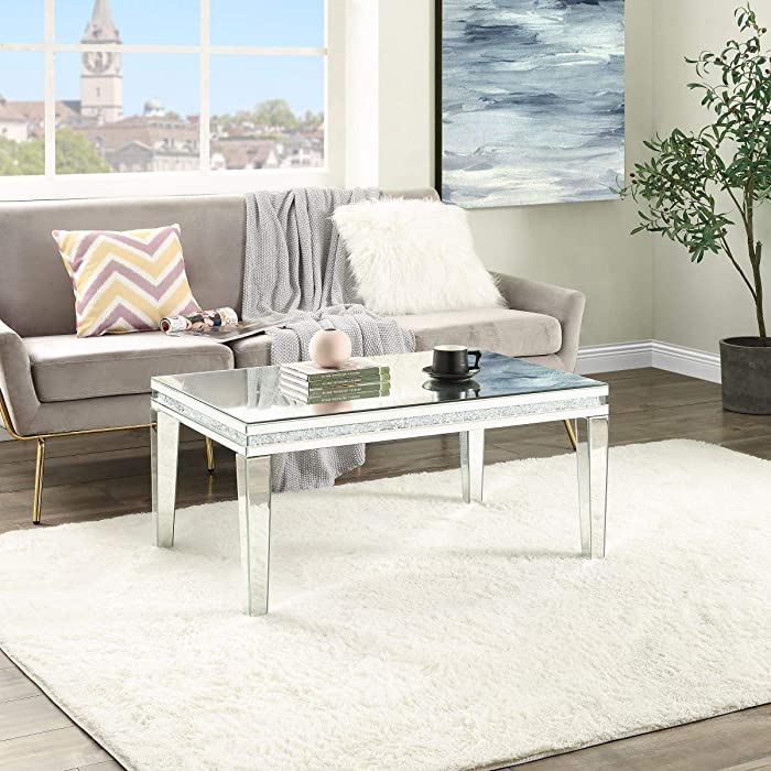 MIREO Coffee Table Mirrored with Crystal Inlay Surface, Rectangle Silver Accent Table, Modern Design Luxury Contemporary Furniture, Partially Assembled for Living Room from Mireo Furniture