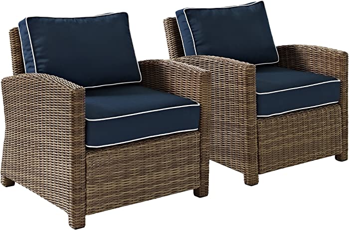 Crosley Furniture KO70026WB-NV Bradenton Outdoor Wicker Arm Chairs (Set of 2), Brown with Navy Cushions