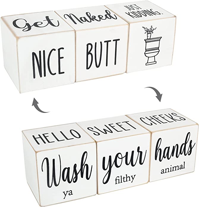 Airrioal Farmhouse Funny Bathroom Decor Signs,4 Sides-Nice Butt&Get Naked&Hello Sweet Cheeks&Wash Your Hands Modern Rustic Decor,Wooden Cute Guest Art Home Decorations Restroom Sign for Bathroom,2.8"