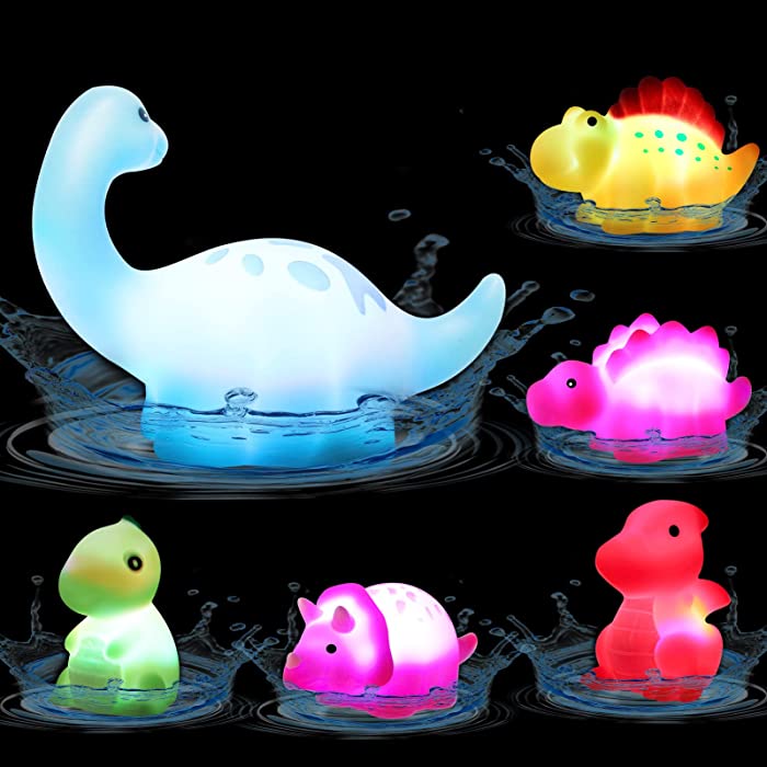 Dinosaur Bath Toys - ToyoFun 6 Pack Light Up Flashing Colorful Floating Rubber Bathtub Toys for Baby Toddler Infants Kids in Water Bathroom Swimming Pool Party Games for Preschool Birthday Christmas