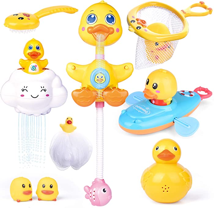 FUN LITTLE TOYS 9 PCs Baby Bath Toys, Duck Spray Water Toy, Bath Squirters, Bath Boat, Fishing Net, Bathtub Toys for Kids, Best Gifts for Kids