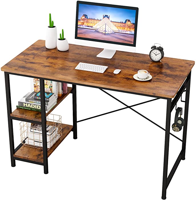 Engriy Writing Computer Desk 47", Home Office Study Desk with 2 Storage Shelves on Left or Right Side, Industrial Simple Style Wood Table Metal Frame for PC Laptop Notebook