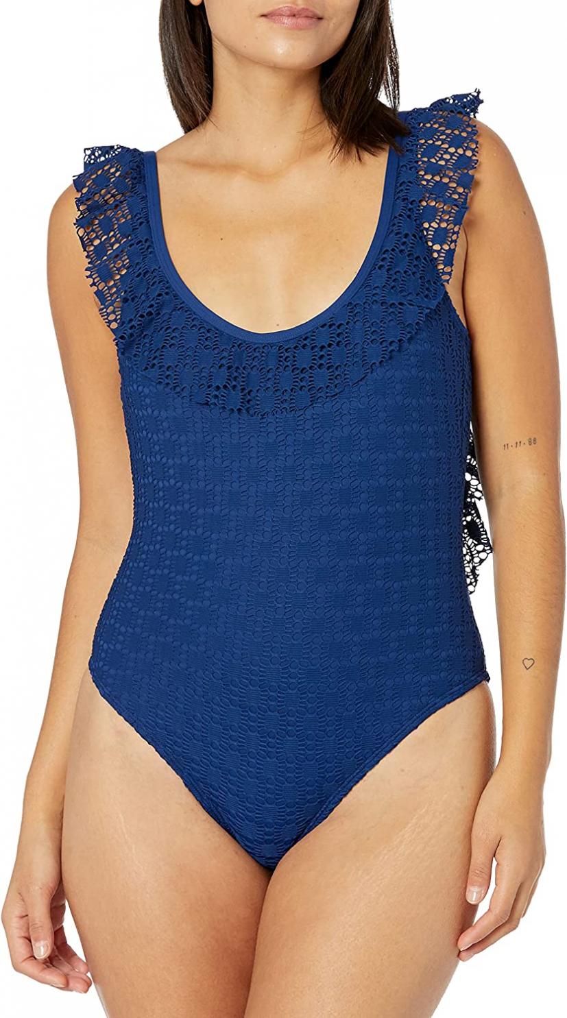 Kenneth Cole REACTION Women's Standard Ruffle Sleeve Scoop Neck One Piece Swimsuit