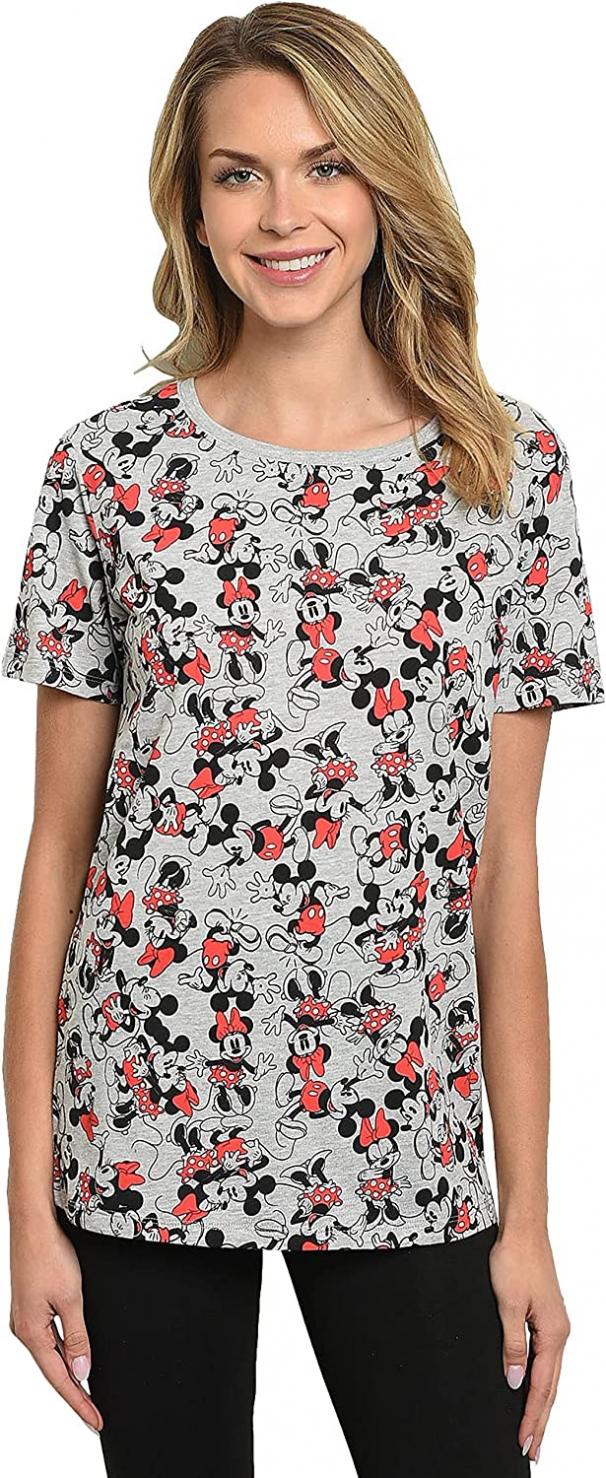 Disney Womens T-Shirt Mickey Minnie Mouse All Over Print Heather Grey