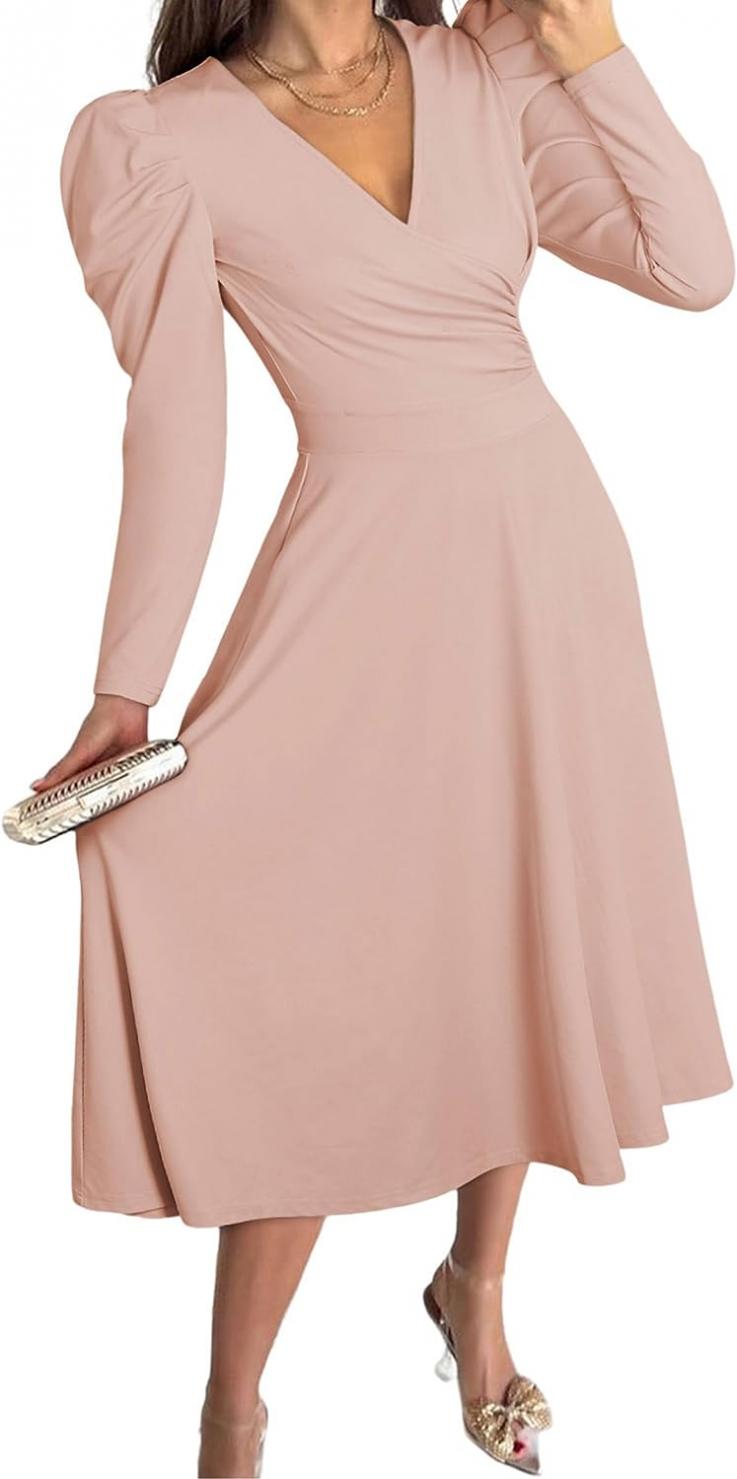 PRETTYGARDEN Women's 2023 Fall Midi Dress Puff Long Sleeve Wrap V Neck A Line Flowy Casual Elegant Cocktail Party Dresses