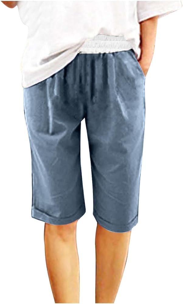 Linen Capri Pants for Women Elastic Waist Pants Summer Casual Loose Pant Wide Leg Trousers Cropped Pants with Pockets