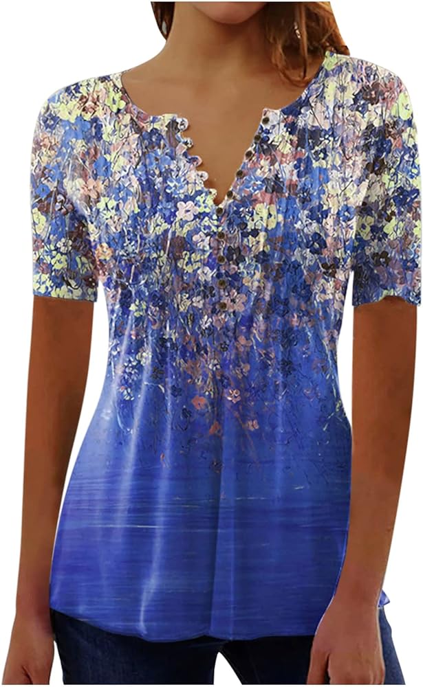 SMIDOW Empire Waist Tunic Tops for Women 2023 Fashion Boho Floral Print Shirts Short Sleeve Henley v Neck t-Shirt Blouse
