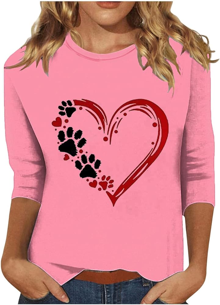 DASAYO 3/4 Length Sleeve Womens Shirts Dog Paw Love Heart Crewneck Casual Ladies Tops and Blouses