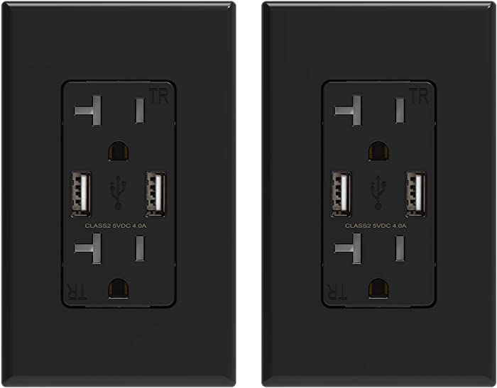 ELEGRP USB Charger Wall Outlet, Dual High Speed 4.0 Amp USB Ports with Smart Chip, 20 Amp Duplex Tamper Resistant Receptacle Plug, Wall Plate Included, UL Listed (2 Pack, Glossy Black)