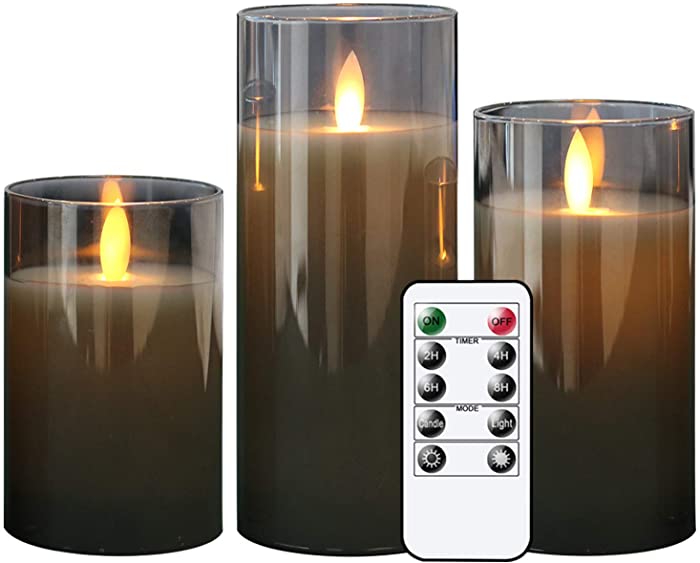 GenSwin LED Flameless Flickering Battery Operated Candles with 10-Key Remote Control, Real Wax Moving Wick Pillar Glass Candles for Festival Wedding Christmas Home Party Decor(Pack of 3, Gray)