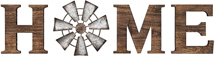 Mkono Wall Hanging Wood Home Sign with Metal Windmill for O Rustic Wooden Home Hanging Letters Decorative Wall Decor Signs for Living Room House, Brown