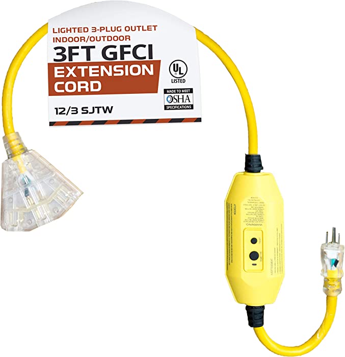 IRON FORGE CABLE 3 Foot Lighted Outdoor GFCI Extension Cord with 3 Electrical Power Outlets - 12/3 SJTW Heavy Duty Yellow Pigtail Extension Cable with 3 Prong Grounded Plug for Safety, 15 AMP