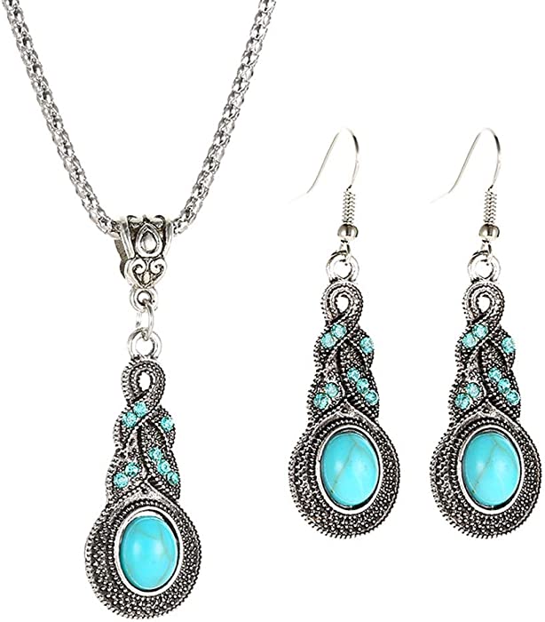 Vitaltyextracts Water Drop Shaped Bohemian National Style Turquoise Alloy Necklace and Earrings Set (Silver)