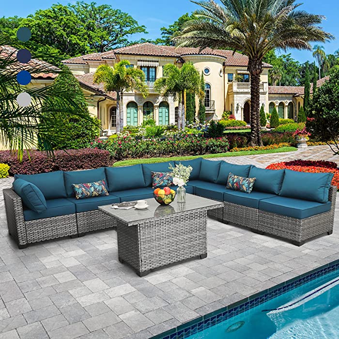 Patio Furniture Sectional Sofa Set 9 Pieces Outdoor Wicker Furniture Couch Storage Glass Table with Thicken(5") Anti-Slip Peacock Blue Cushions Furniture Cover