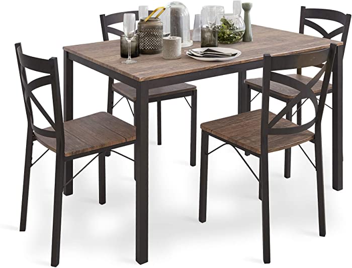 Dporticus 5 Piece Dining Table Set Industrial Style Wood Table Set for 4 Dining Room & Kitchen,1 Table & 4 Chairs Set,Stainless Metal Frame