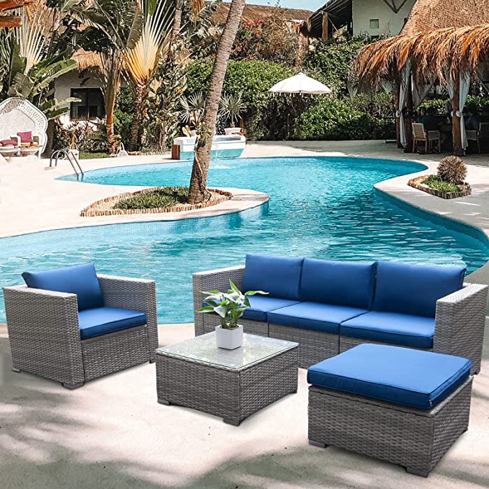 Polar Aurora 6pcs Patio Furniture Set PE Rattan Wicker Sectional Outdoor Sofa Set Outside Couch w/Dark Blue Washable Seat Cushions & Modern Glass Coffee Table