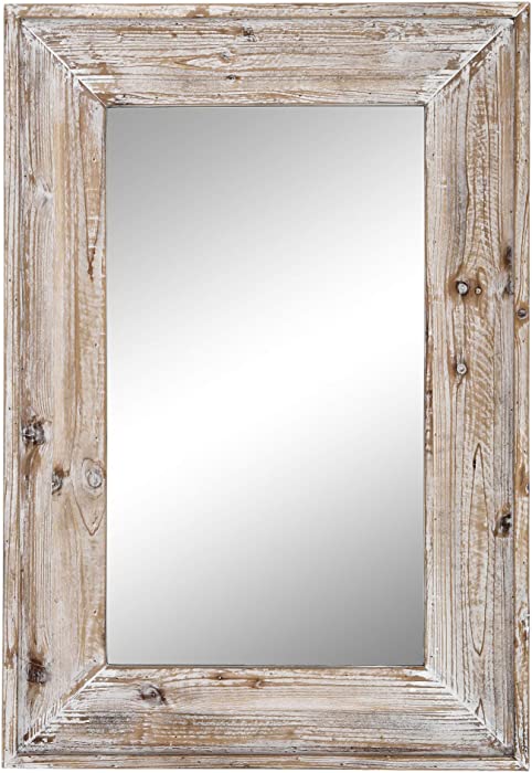 Emaison 36 x 24 inches Wall Mounted Decorative Mirror, Rustic Wood Framed Rectangular Hanging Mirror with 4 Hangers for Farmhouse Bathroom, Entryway, Bedroom Décor