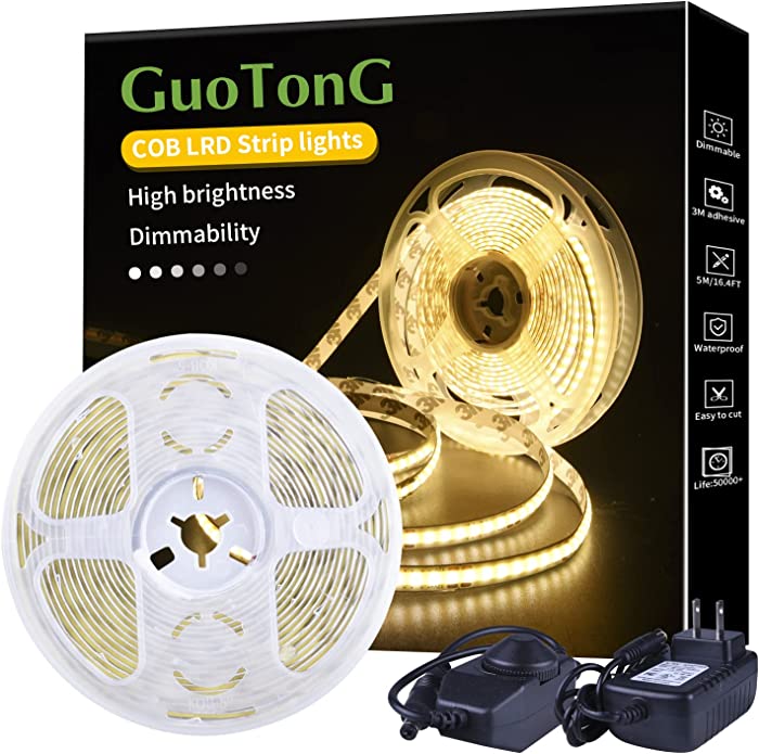 12V GUOTONG Warm White COB LED Strip Light Kit Indoor 16.4ft 5m Tape Lighting Dimmable Flexible Cuttable with UL Listed Power Supply for Home Cabinet Kitchen Bedroom Stairway DIY Decoration…