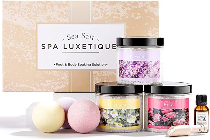 Bath Salts, Spa Luxetique 8pcs Bath Salts Gift Set with Argan Oil, Bath Bombs, Wooden Scoop, Epsom Salt for Soaking in Lavender, Rose, Chamomile Scent, Relaxing Bath Salts for Women