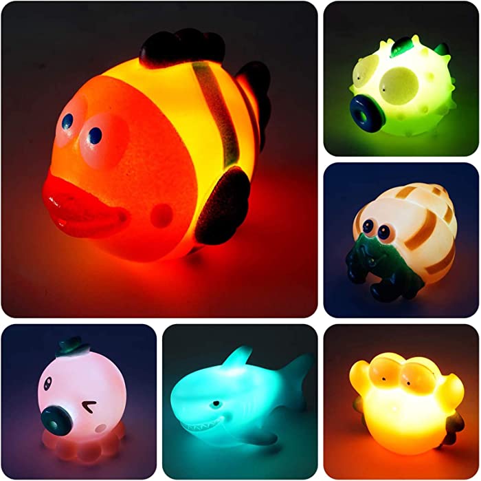 AOLUXLM Baby Bath Toys for 2 3 4 Year Old for Toddler Girls Boy, Light UpToy Set 6 Packs Water Toys Gifts Birthday Age 18+ Months, 7 Colors Flashing in Water