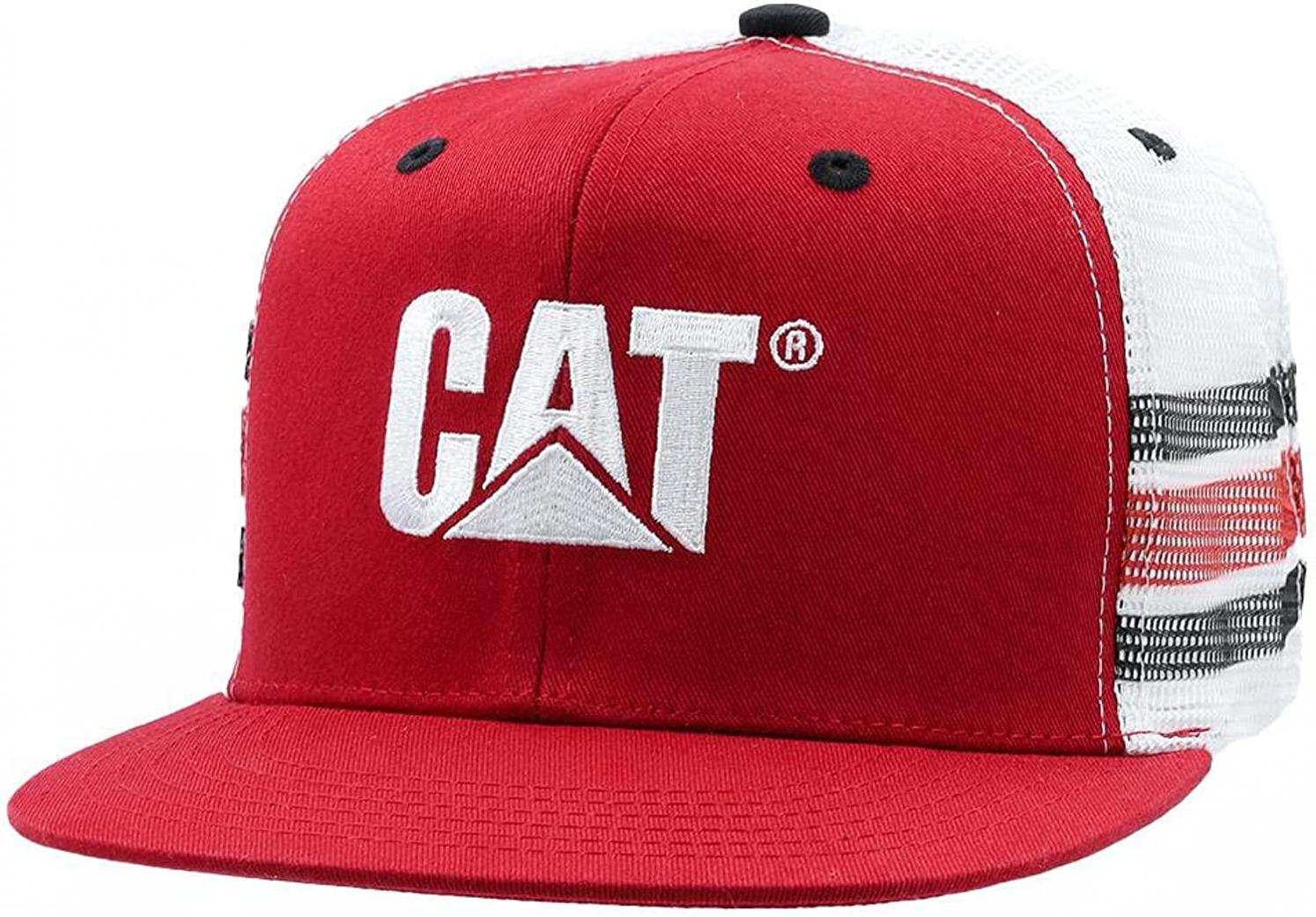Caterpillar Red & Black Striped White Mesh Back Snapback Flat Bill Hat/Cap