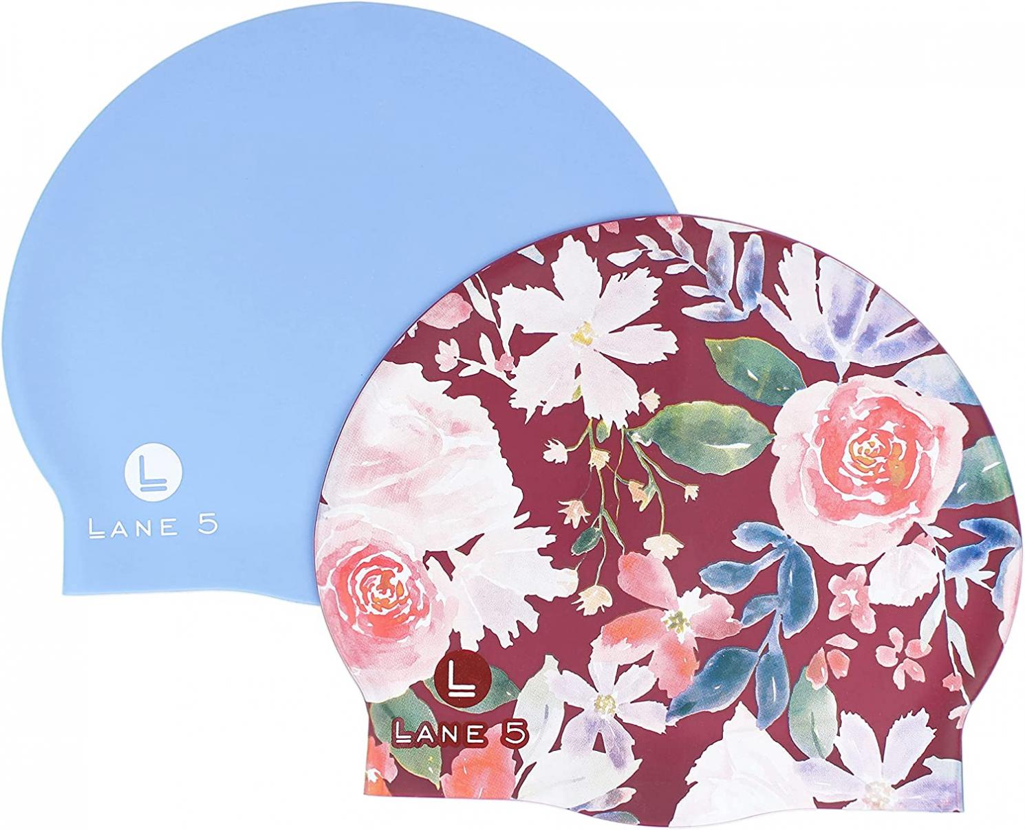 Lane5 Swim - 2-Pack Adult Silicone Swim Cap - Beautiful Designs for Women. Latex Free. Winter Maroon Floral and Periwinkle