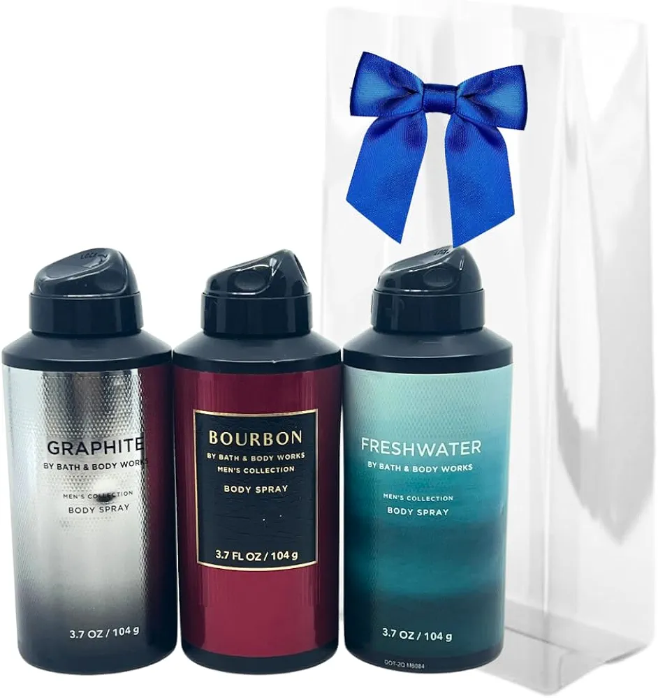 Bath and Body Works Gift Pack for Holiday Deodorizing Body Spray - Graphite, Bourbon and Freshwater 3.7oz each