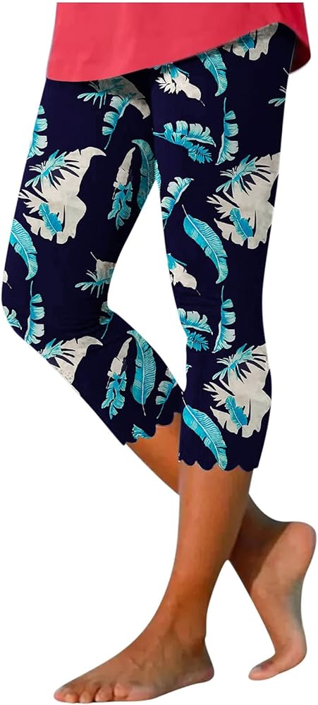 ZunFeo Cropped Pants Women Summer Casual Capri Leggings Floral Print Stretchy Knee Length Capris Lounge Travel Pants Slim Fit