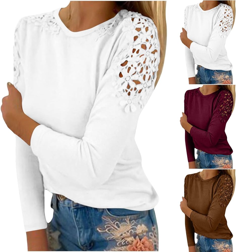 Lace Crochet Long Sleeve Tops for Women Trendy 2023 Plus Size Tunic Shirts Casual Loose Comfy Crewneck Tshirt Blouse