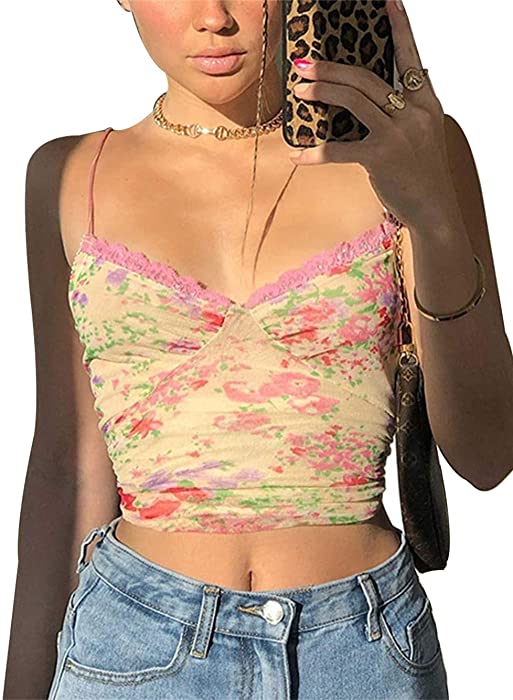 Women Lace Crop Top Sexy Strap Tank Top Backless Slim E-Girl Camis Sleeveless Summer See Through Camisole Top Shirt