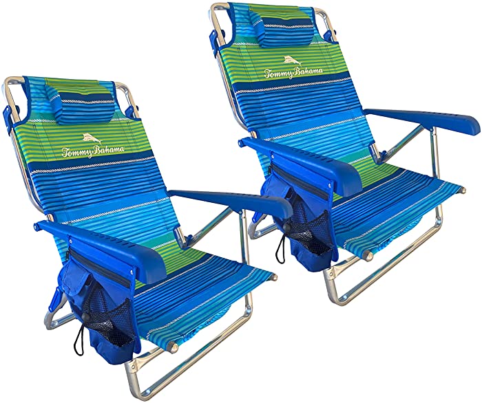 Tommy Bahama Set of 2 Low to The Ground Beach Chairs with Storage Pouch Towel Bar and Cooler (Nautical Stripe)
