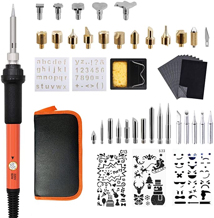 Wood Burning Kit 50Pcs Adjustable 60W Wood Burning Pen Tool Kit Set Include Carving/Embossing/Soldering Tips Stencil Stand Carrying Case