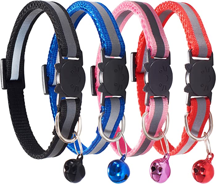 D-BUY Cat Collars, Cat Collars with Bell, Breakaway Cat Collars, Reflective Cat Collars, Nylon Cat Collars with Bell, Collars for Cats, Collars for Puppies (4 Colors)