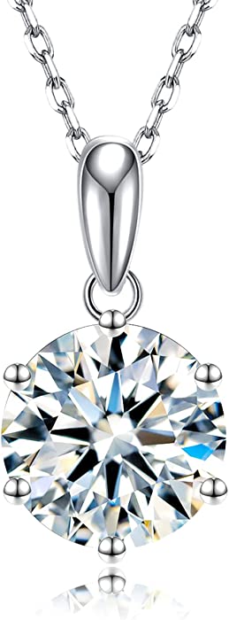 2CT Moissanite Pendant Necklace 18K White Gold Plated Silver D Color Ideal Cut Diamond Necklace for Women with Certificate of Authenticity
