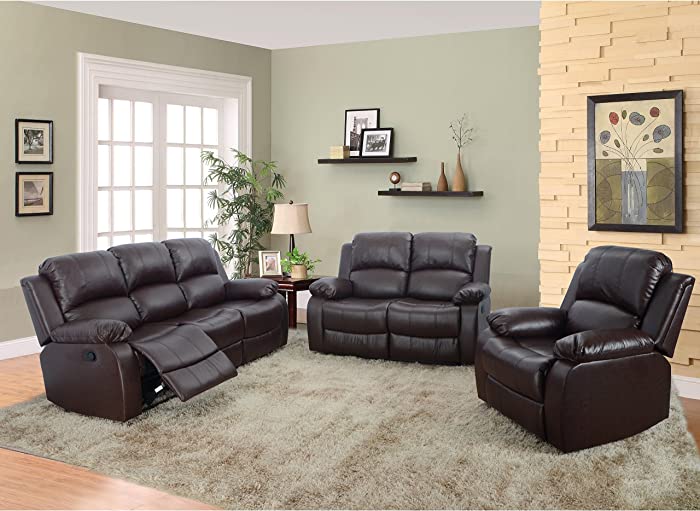 Beverly Furniture 3 Piece Bonded Leather Sofa & Loveseat & Chair with 5 Recliners (Set of 1), Brown