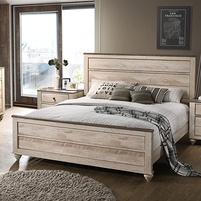 Roundhill Furniture Amerland Contemporary White Wash Finish Panel Bed, Queen,